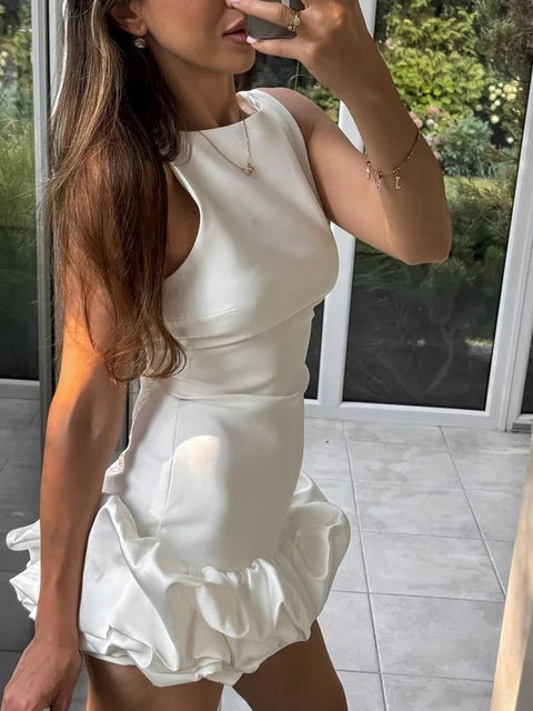 Backless Satin Mini Dress Ruffle Hem Halter Neck Short Party Club Night Out Sexy Women Elegant