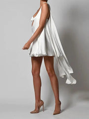 Mini Dress Women Elegant White One Shoulder Cut Out Backless Vest Casual Vacation Beach Summer Dress