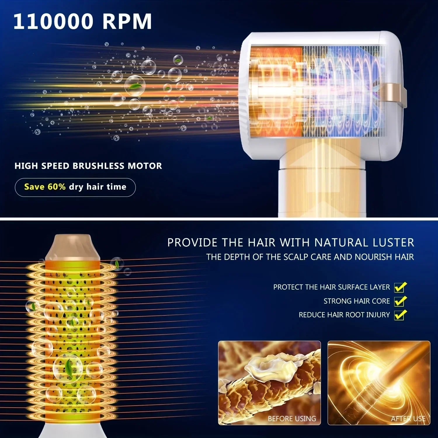 Hair dryer with high-speed brushless motor and scalp care benefits on a blue background
