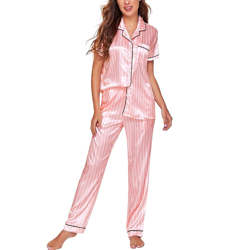 Silk Nightwear Tops & Pajama 2 Pieces Set for Women