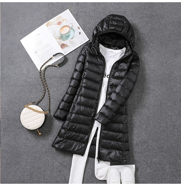 Women's Jacket Ultralight Thin Packable Long Down Jacket Puffer Slim Hooded Parka