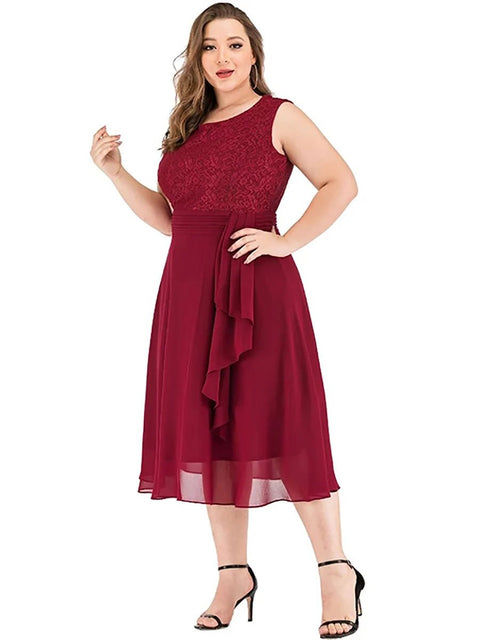 Midi Dress Women Plus Size O-Neck Sleeveless Lace Patchwork Chiffon Elegant Evening Club Wedding Guest