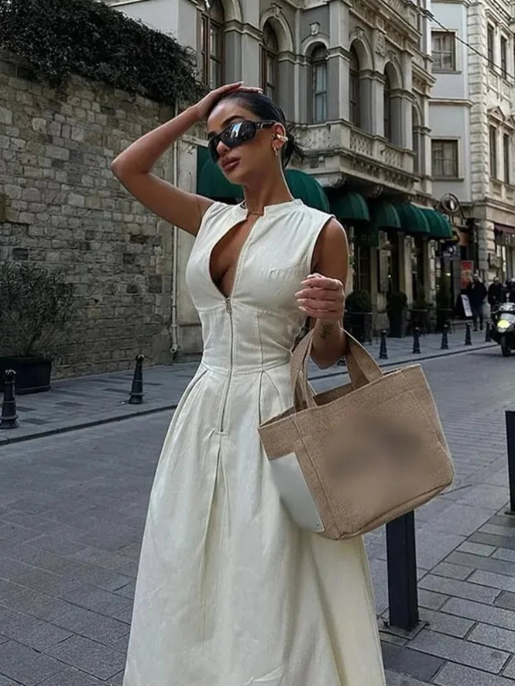 New Fashion High Waist Sleeveless Maxi Dress Women Elegant O-Neck A-Line Office Party Dress