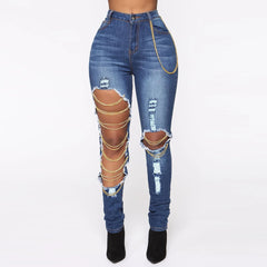 Women's Irregular Distressed Jeans with Holes & Hanging Chain Slim Washed High Waist Leisure Chic Stretchy Pants