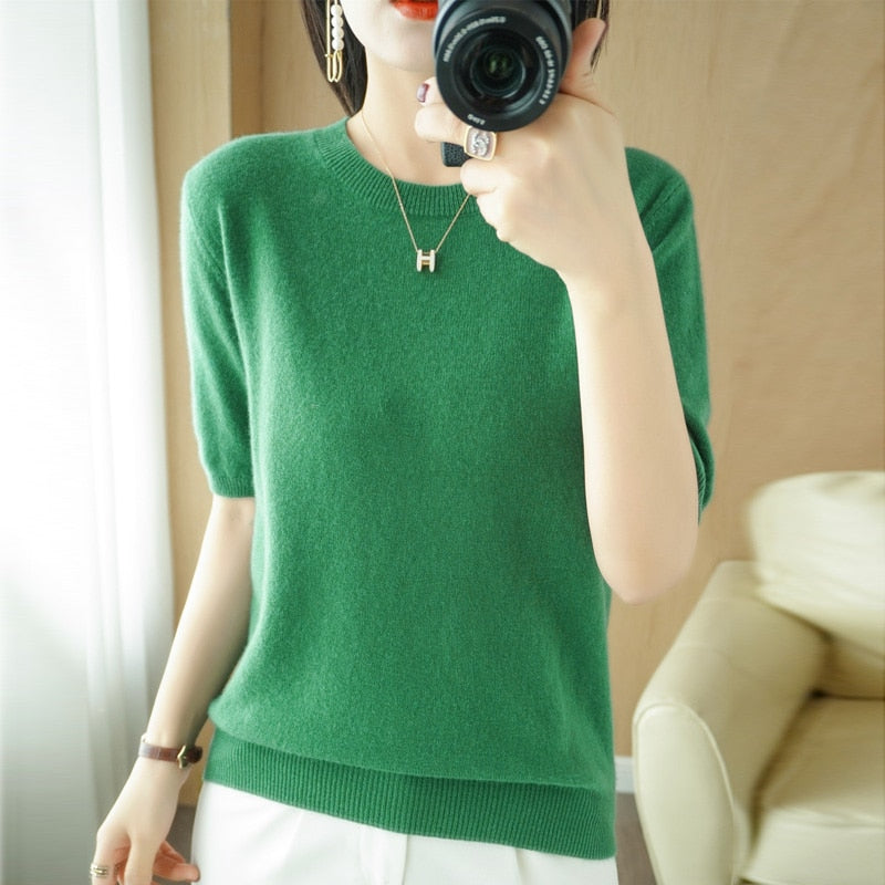 Women's O-Neck Cashmere Sweater Short-Sleeved Chic Sweater