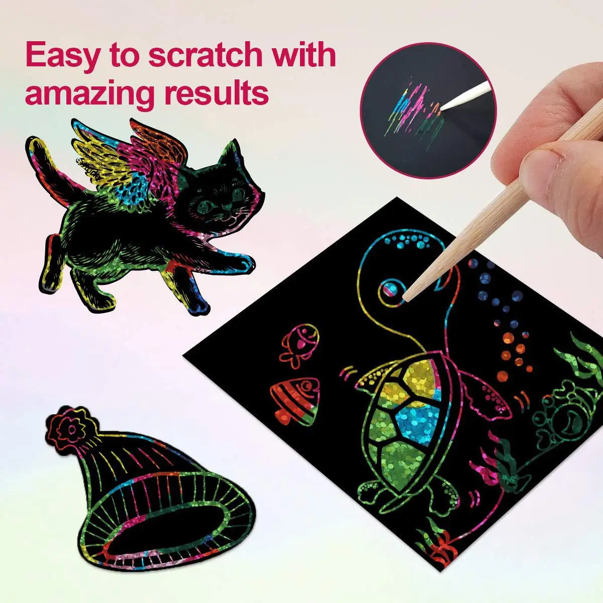 100 Pieces of Scratch-off Paper Boxed with Colorful Hand-painting Scratch Notes Art for Kids