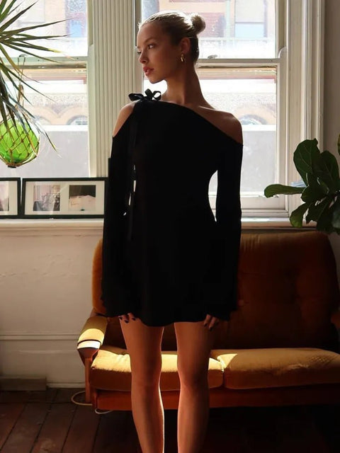 Mini Dress Women Strapless Long Sleeve Hollow Out Bandage Slim Inclined Shoulder Party Clubwear Dress
