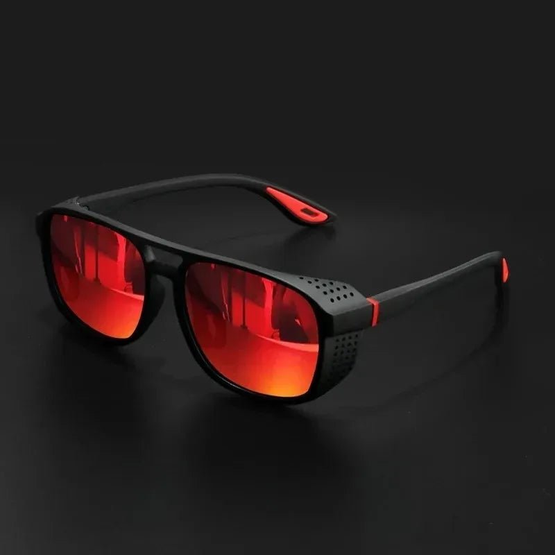 Sunglasses with red lenses and black frames on a dark background