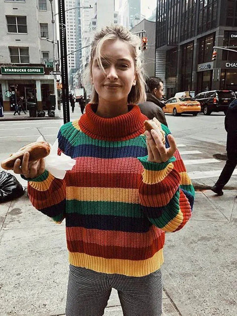 Turtleneck Sweater Women Long Sleeve Rainbow Stripe Knitted Pullover Jumper Warm Casual Fashion Top