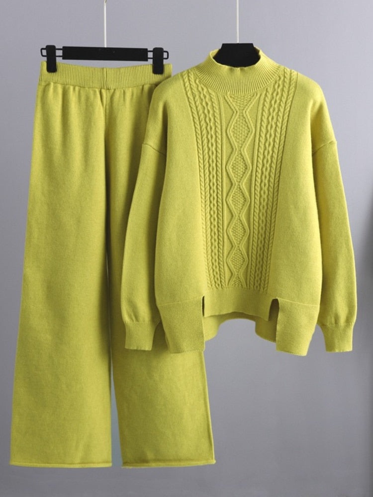 Women's 2 Piece Sets Loose Knitted Suit High Collar Sweater + Wide Leg Pants Knit
