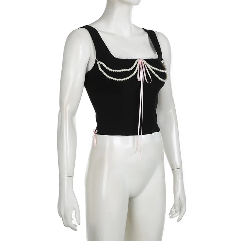 Vintage Fairy Core Corset Top Contrast Bandage Slim Tank Top Cute Sexy Clubwear Y2K Party Vest