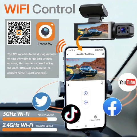 Car dashboard with driving recorder, smartphone displaying app interface, and text about WiFi control and Framefox app.
