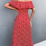 Elegant Floral Print Midi Dress for Women Summer Sexy Backless Ruffle with Slit Off Shoulder Irregular Hem Dress