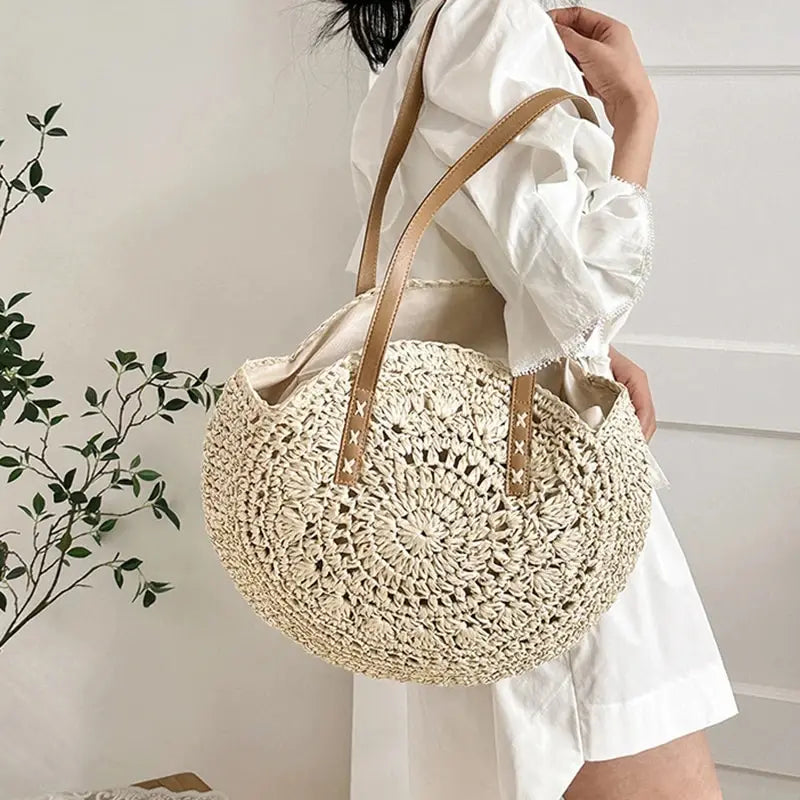 Handcrafted Round Straw Woven Beach Tote Bag Vacation Beach Hollow Out Shoulder Bag