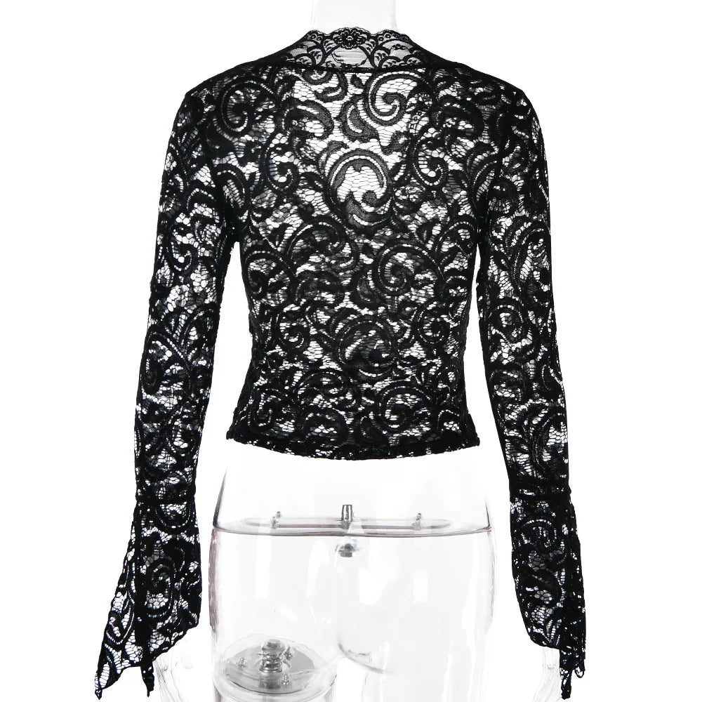 See Through V-Neck Long Sleeve Lace Skinny Top for Women Spring Summer Party Club Shirts