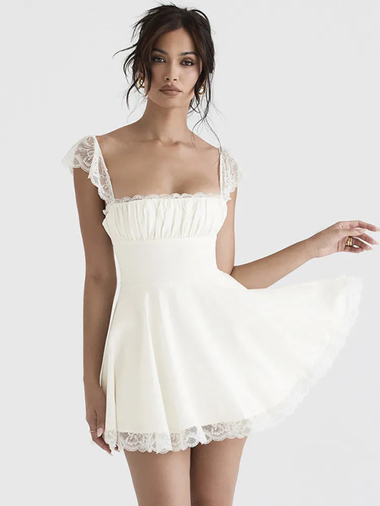 Elegant White Lace Strap Mini Dress For Women Boutique Fashion Sleeveless Backless Loose Sexy Short A-Line Dresses White, Black