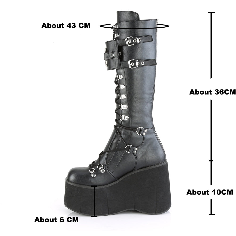 Women's Platform Mid-calf Boots High Wedge Heel Lace Up Fashion Gothic Punk Knee High Boots