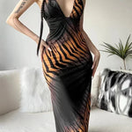 New Leopard Print Deep V-Neck Long Dress Lace Up Backless Sleeveless Slim w/ Straps Boutique Fashion Spring/Summer Dress Gown