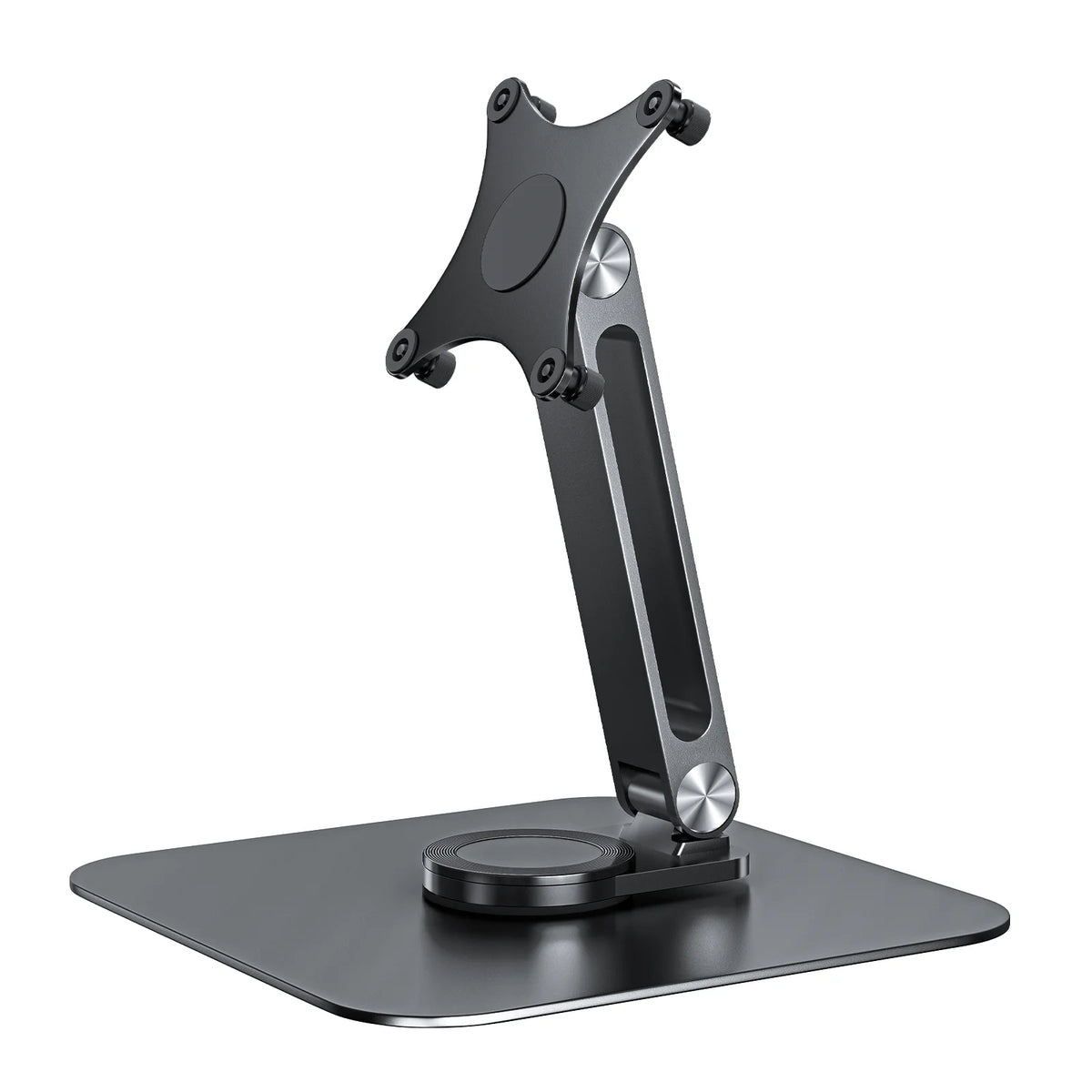 Black adjustable monitor stand on a white background