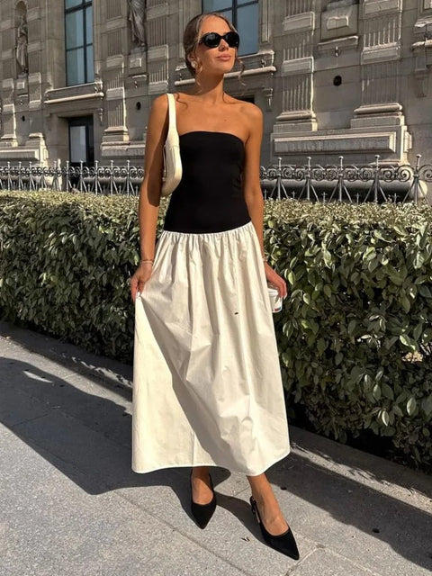 Maxi Dress Women Patchwork Strapless Contrast Color A-Line High Waist Sleeveless Long Party Dress