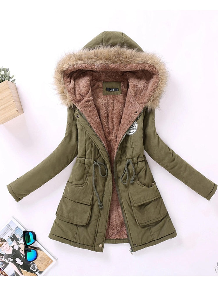 Women's Cotton Wadded Military Style Coat Hooded Fur Jacket