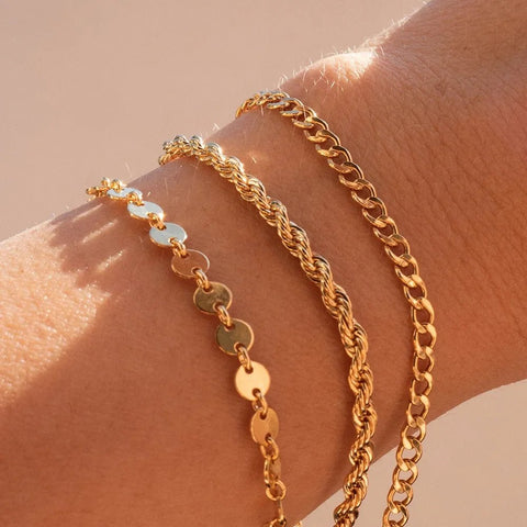 Gold Chain Bracelet Women 14K Plated Stainless Steel Herringbone Figaro Paperclip Stackable Jewelry