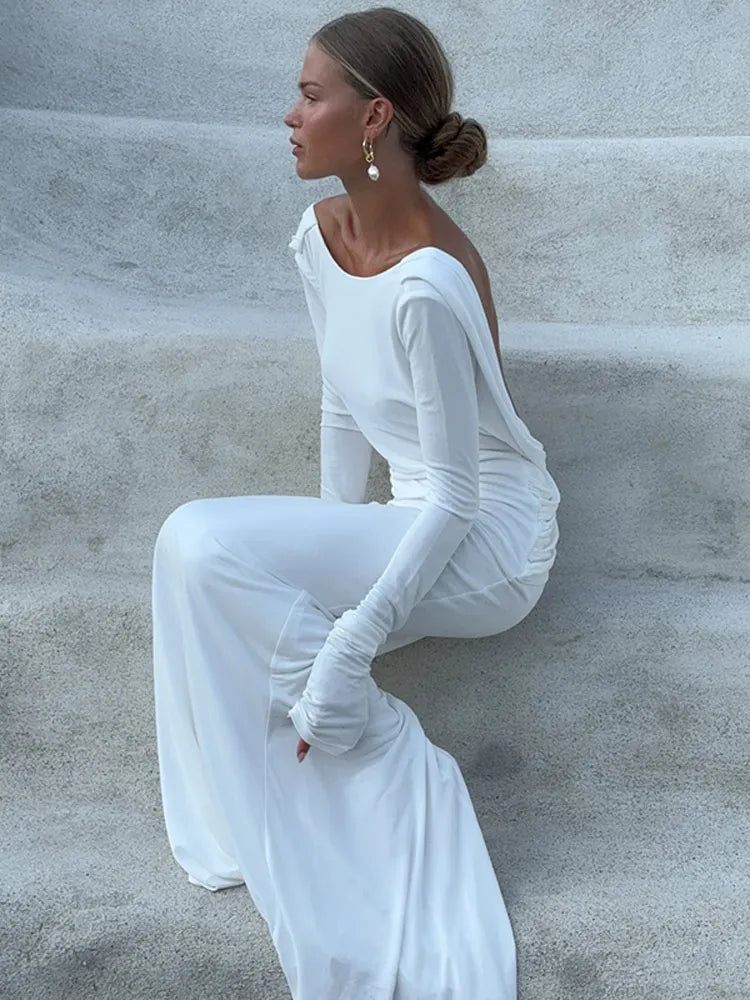 Chic Backless White Long-Sleeved Slim Fit Maxi Dress for Women - Elegant Pleated Evening Gown