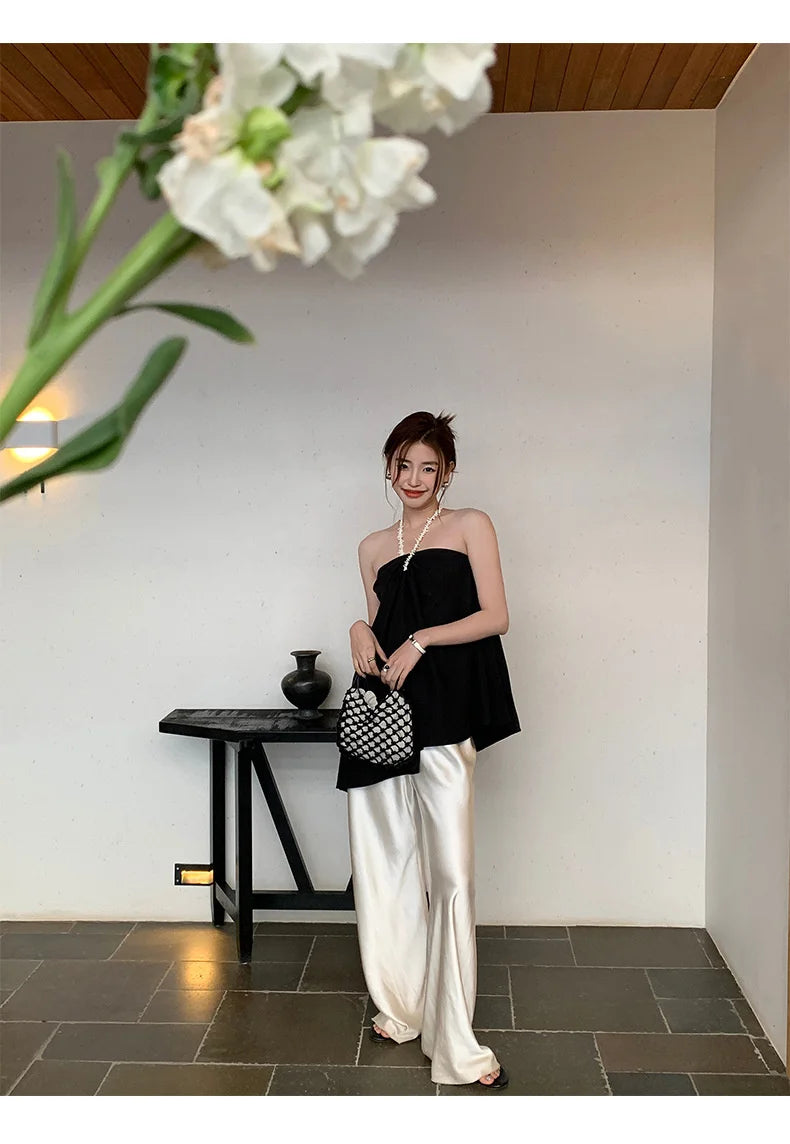 Satin Wide Leg Pants Long Floor Casual Pants Women's Spring Summer Trousers