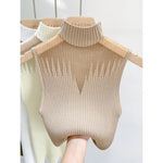 Women's Sleeveless Upper Mesh Turtle Neck Knitted Top Pullovers Top