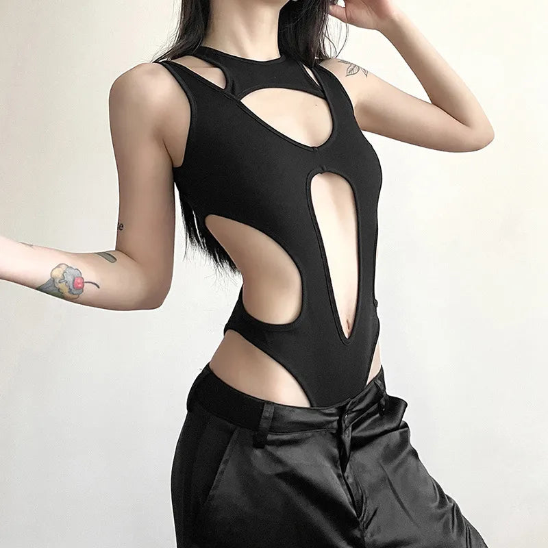 Gothic Hollow Out Sexy Bodysuit New Fashion Y2k Patchwork Tops for Women Grunge Backless High Cut Slim Bodysuit