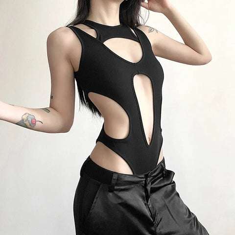 Bodysuit Women Gothic Hollow Out Y2K Patchwork Grunge Backless High Cut Slim Casual Streetwear Top