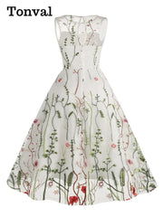 Floral Embroidered Mesh Overlay Dress Vintage Long Dresses for Women High Waist Party Elegant Summer Dress