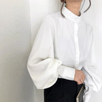 Vintage Lantern Sleeve Blouse for Women Autumn Winter Single Breasted Button Down Shirt