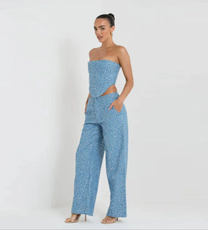 Sparkling Sequin Two-Piece Set – Strapless Top & High-Waisted Pants