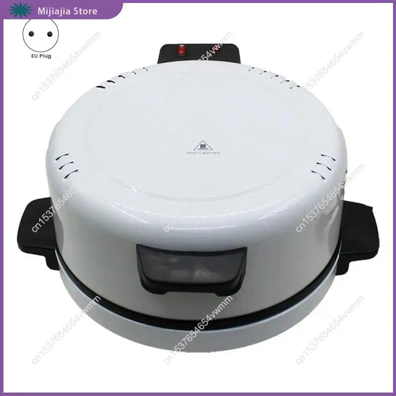 Round white appliance with black accents on a white background