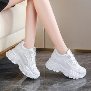 White Platform Women's Sneakers Lace-Up Thick Bottom Running Cross Trainer Shoes PU Leather Breathable Walking Shoes