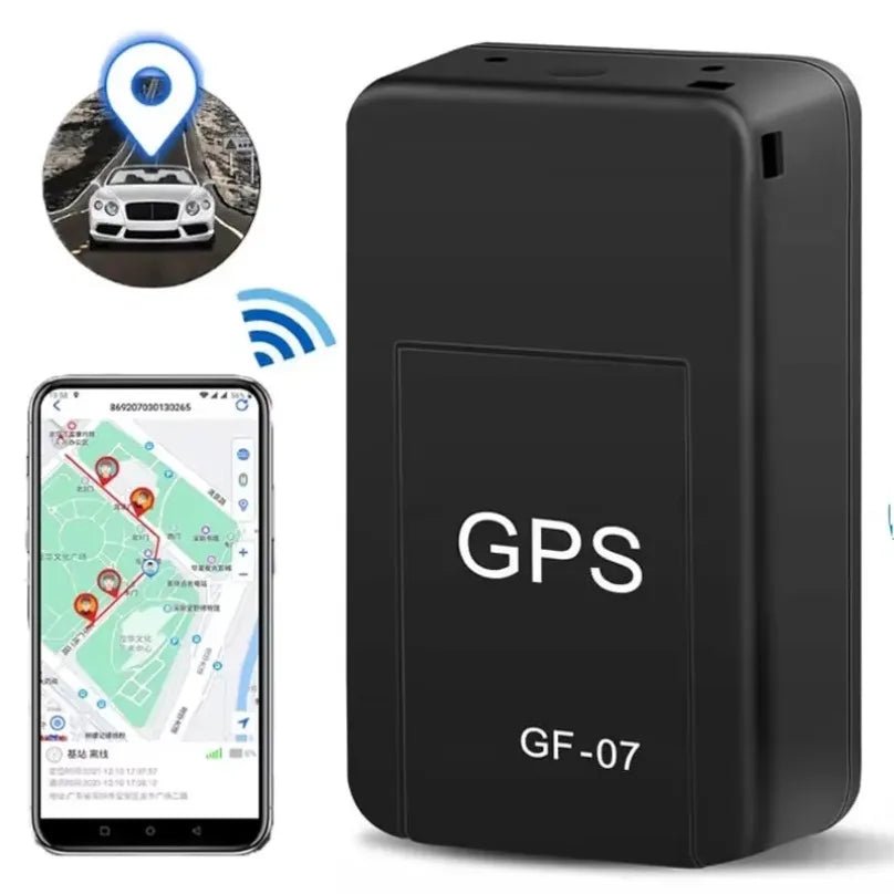 Black GPS tracker with smartphone app showing map and vehicle location.