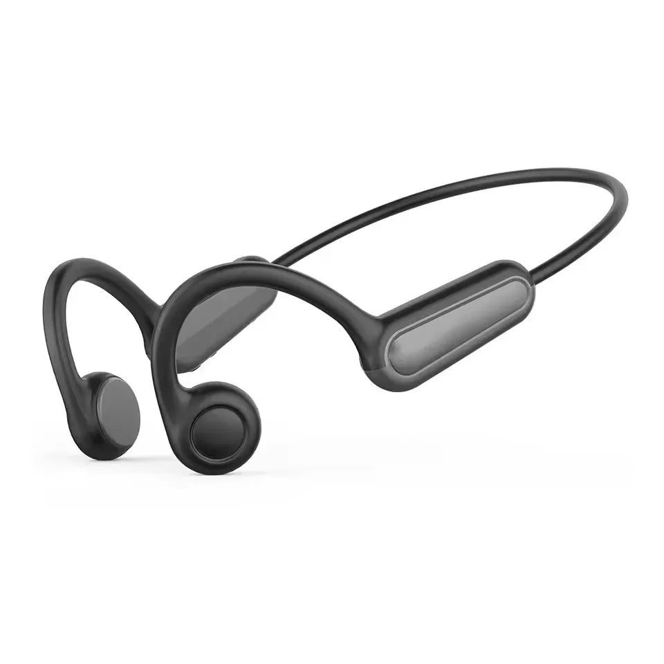 Black wireless earbuds on a white background
