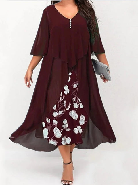 Plus Size Midi Dress Women V-Neck Floral Print Patchwork Faux 2-Piece Prom Wedding Evening Fashion