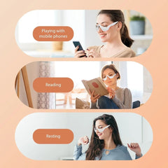 Three scenes showing a person using different devices with text labels on an orange background.