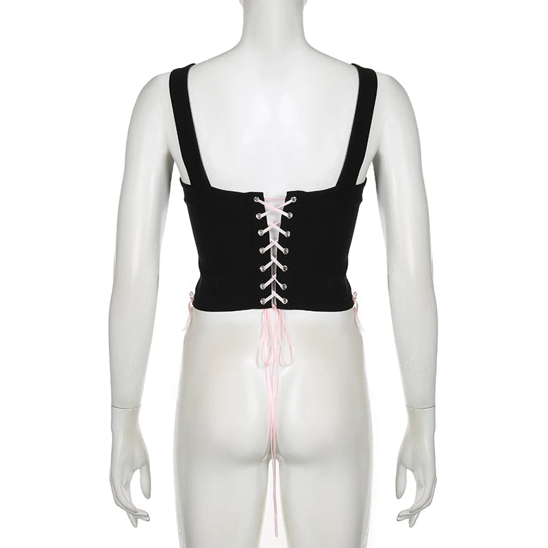 Vintage Fairy Core Corset Top Contrast Bandage Slim Tank Top Cute Sexy Clubwear Y2K Party Vest
