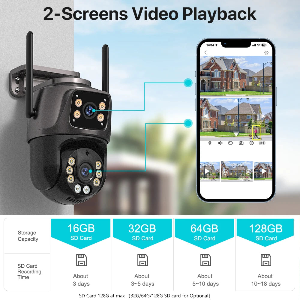 Outdoor security camera with smartphone app displaying video playback on a blurred background