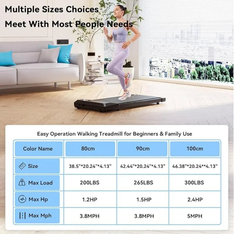 Woman using a walking treadmill in a living room with product specifications displayed.