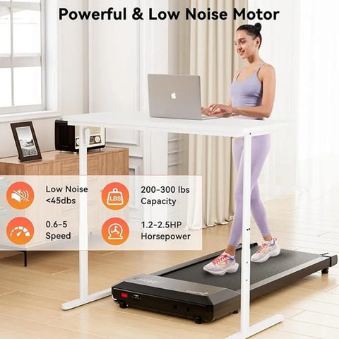 Woman using a treadmill in a home office setting with product features displayed.