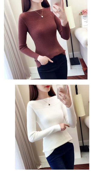 Ribbed Slash Neck Slim Sweater Knitted Long Sleeve Office Casual Solid Pullovers For Women