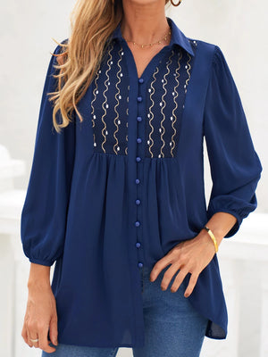 Spring Summer Women's Long Shirt Turn Down Collar Long Sleeve Blouse Embroidered Solid Casual Blouse Shirt