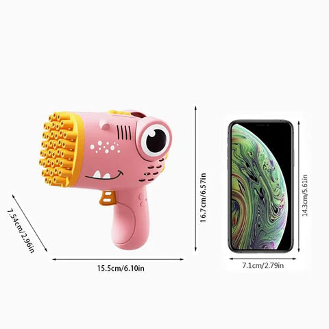 Pink toy gun with yellow accents and a smartphone for scale on a white background
