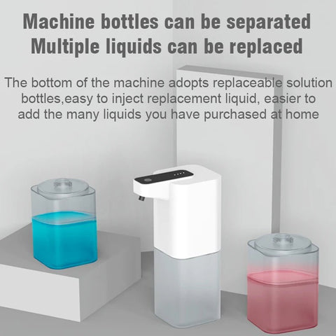 Dispensing machine with replaceable solution bottles containing different liquids on a gray background.