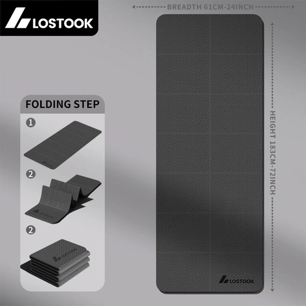 Black mat with folding steps and dimensions on a gray background, featuring the Lostook brand.