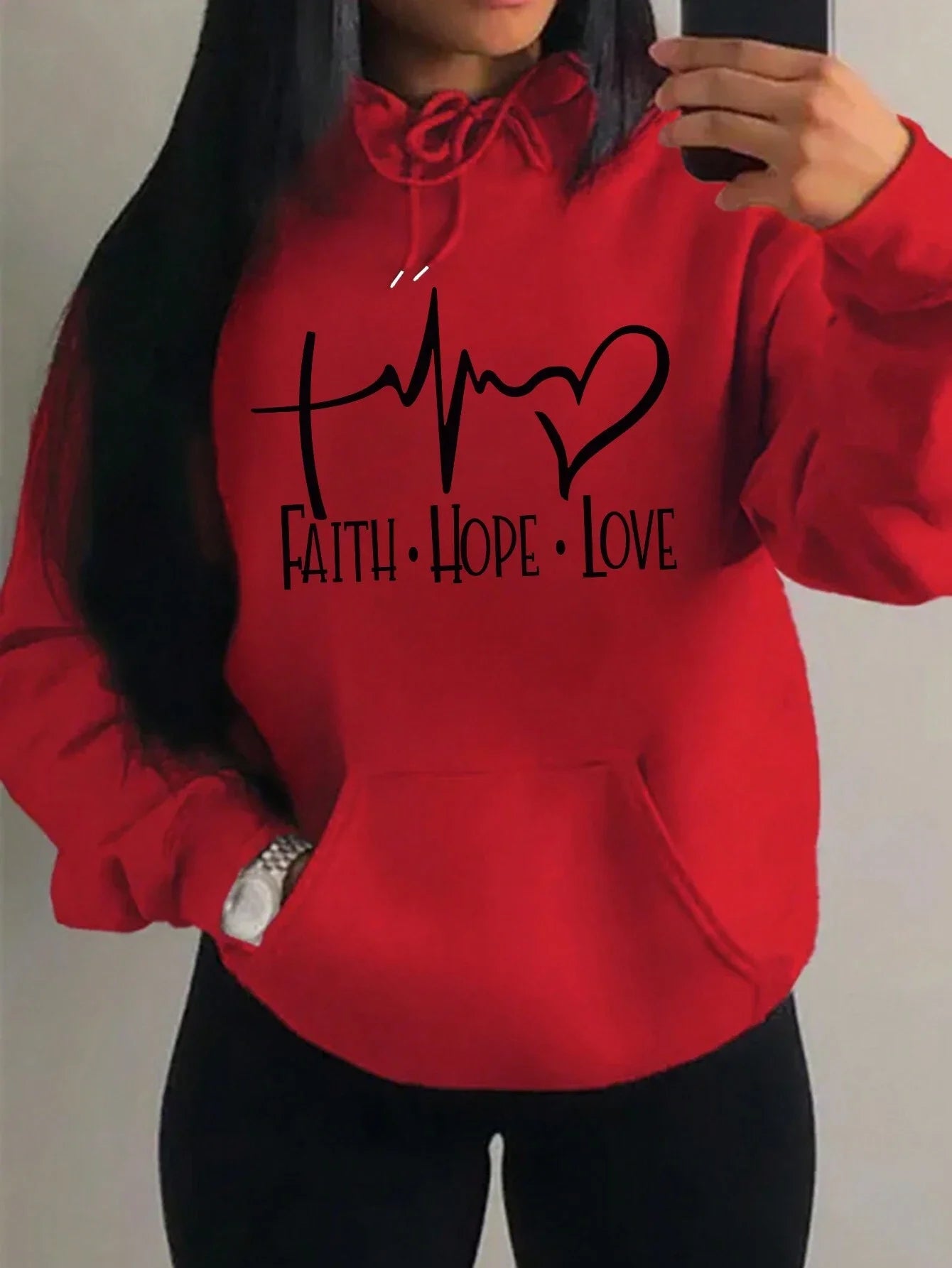 Women's "Faith Hope Love" Graphic Hoodie Casual Loose Streetwear Sweatshirt Autumn Fleece Hooded Hip Hop O-Neck Clothing Tops